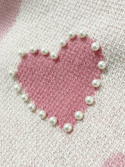 Heart Print Pearl Decor Lace Sweater