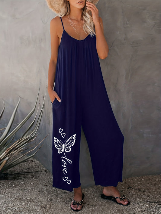  Casual Romper Women's Plus Solid Butterfly & Heart Print Cami Jumpsuit