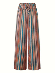  Stripe Print Boho Pants High Rise Wide Leg