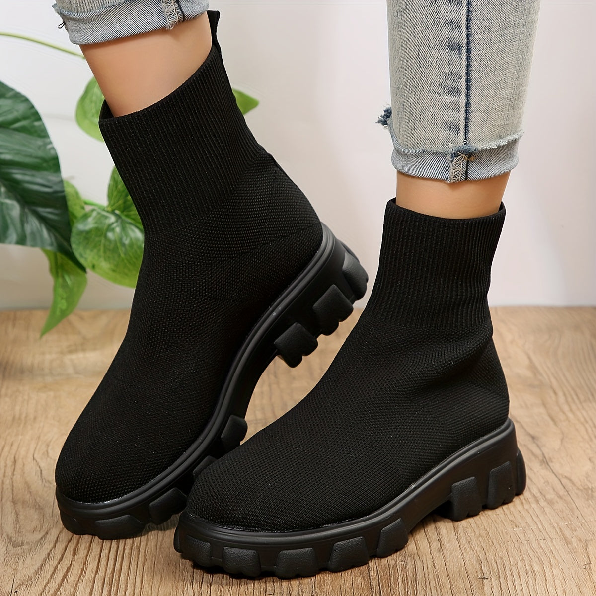 Solid Mid Calf Boots Round Toe Knitted Slip on Boots Women's Footwear