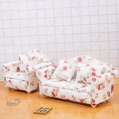 Pink Floral Sofa with Cushions for Dollhouse & Fairy Garden Decor