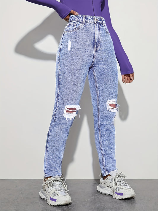 High Rise Straight Jeans Loose Fit Slash Pockets Denim Pants