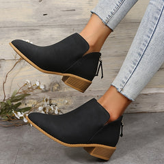 Chunky Heel Short Boots V cut Stacked Heel Back Zip Ankle Bootie
