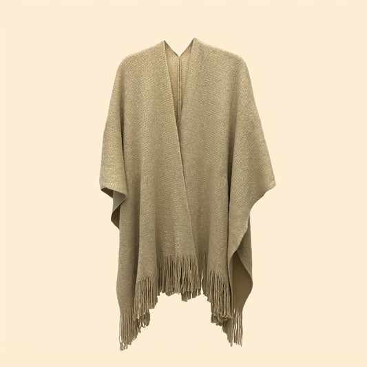 Light Tan Knit Shawl Tassel Sparkly Wraps Women's Windproof Warm Poncho Cape