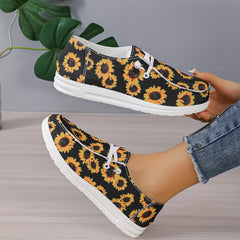 Women's Sunflower Print Canvas Shoes Casual Lace Up Lightweight Low Top Loafers