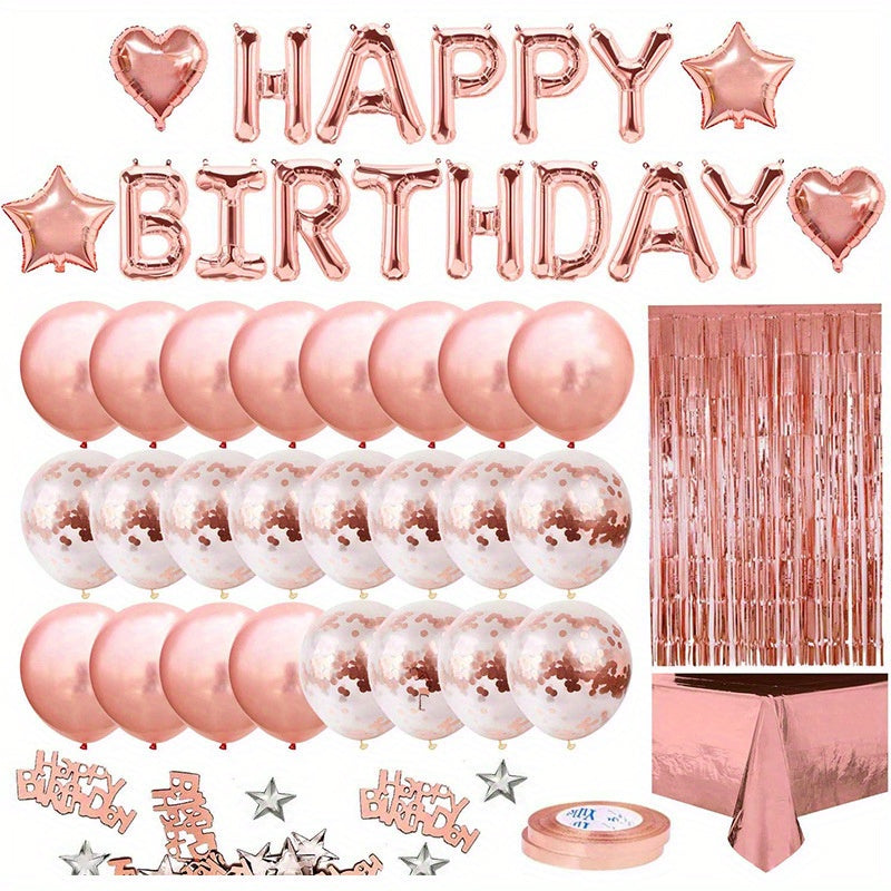 Rose Birthday Party Decoration Kit with Fringe Curtain & Balloons