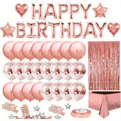 Rose Birthday Party Decoration Kit with Fringe Curtain & Balloons