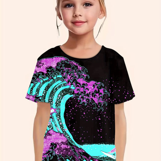 Sea Wave Print Short Sleeve T shirt Girls Comfy Pullover