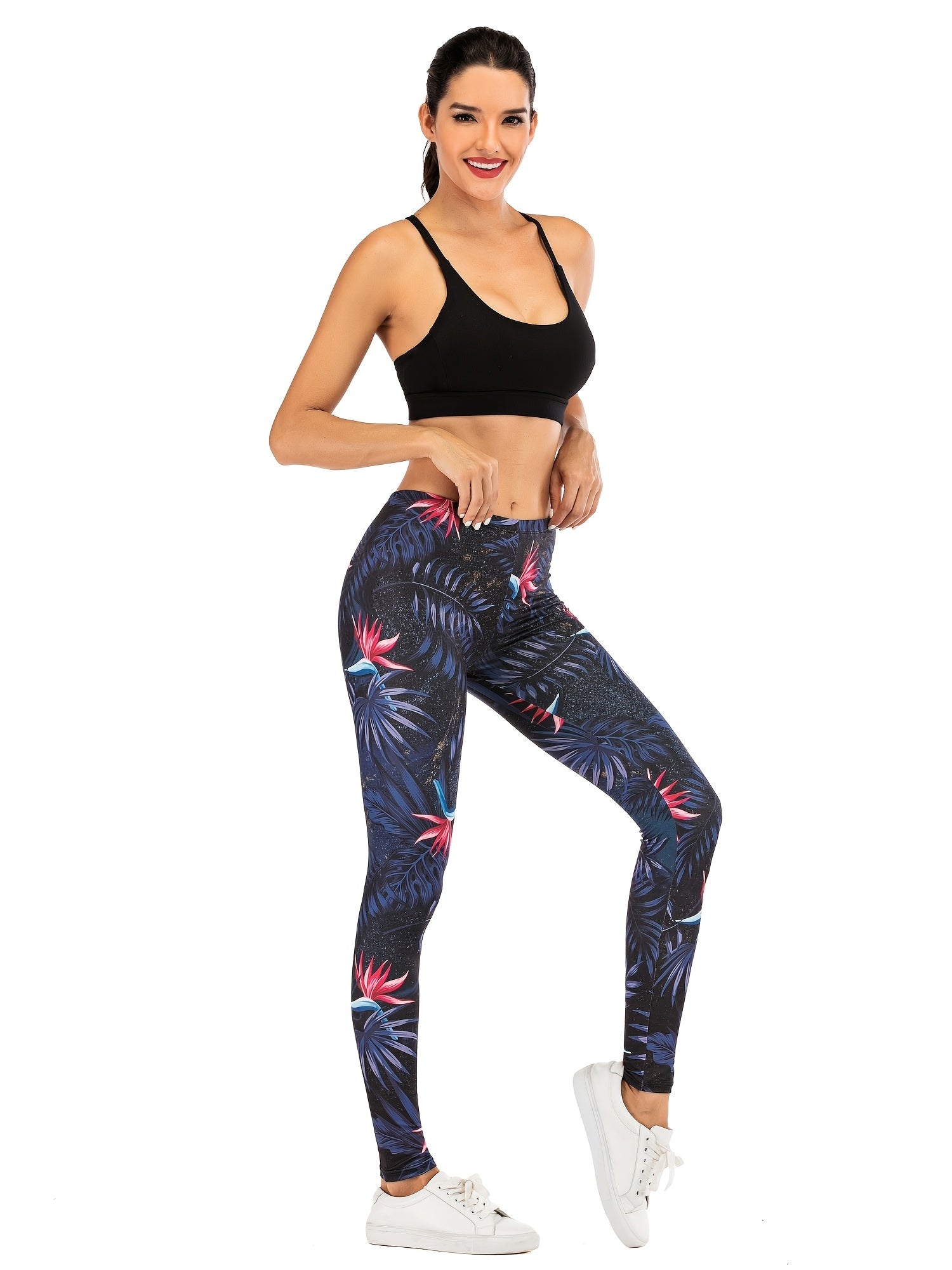 Night Flowers Print Slim Leggings for Women