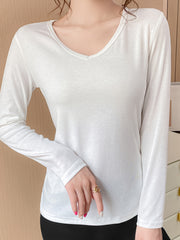 Solid V Neck Long Sleeve Top Women's Loungewear