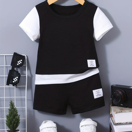 Boy's Contrast Casual Outfit Short Sleeve T shirt & Shorts