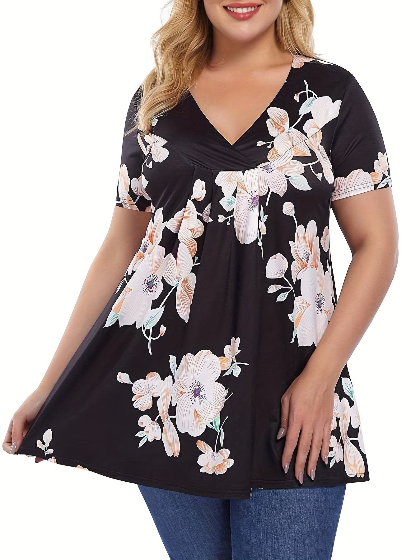  Floral Print V Neck Blouse