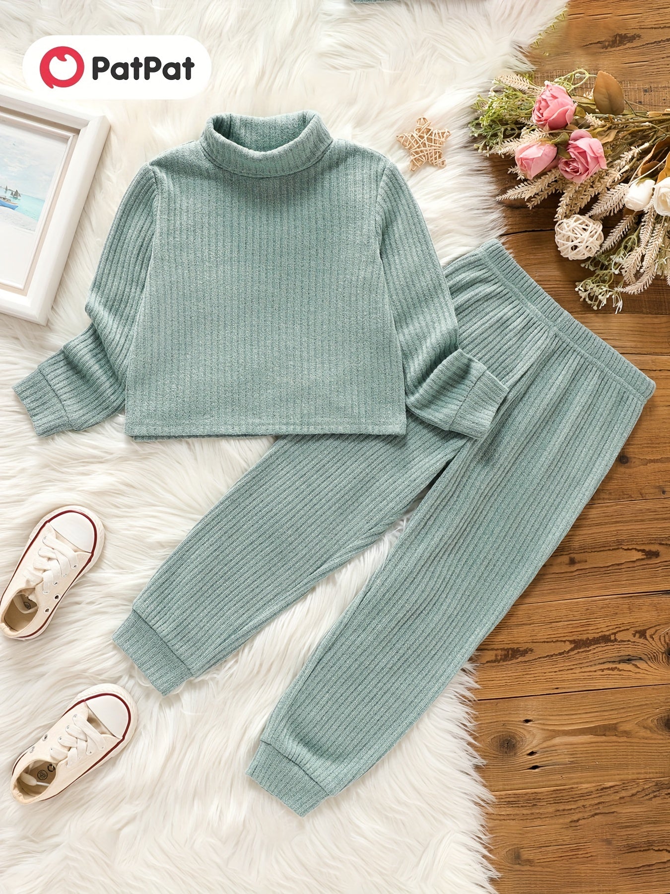 Toddler Girls Ribbed Sweater & Pants Set Turtleneck Long Sleeve Pullover Top
