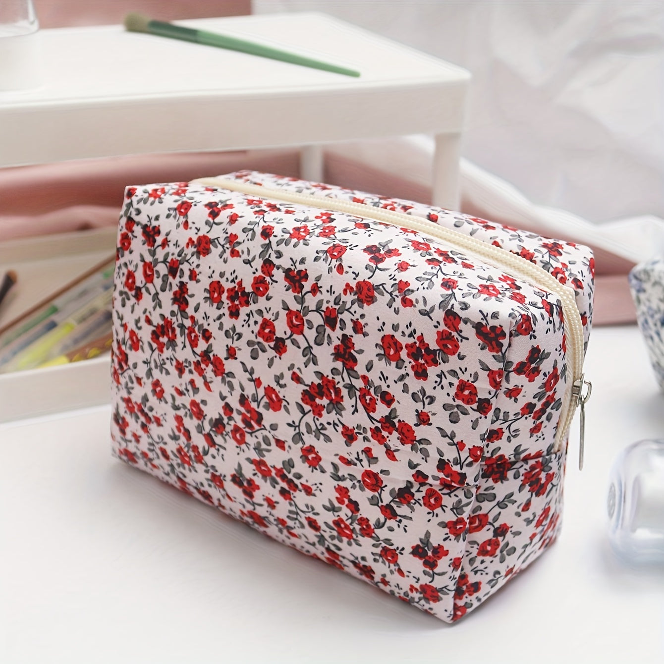 Floral Print Zipper Makeup Bag For Women Purse Cosmetic Bag Travel Toiletry Bag