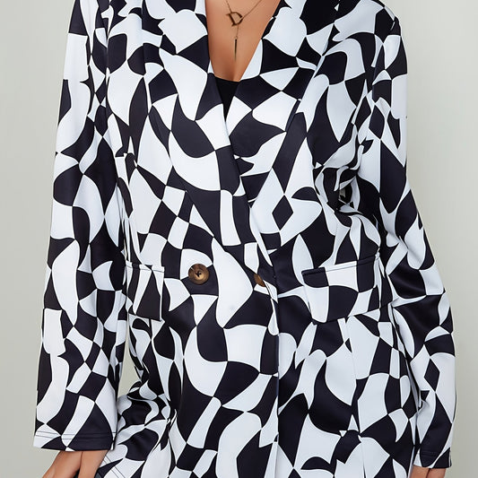  Geometric Print Double Breast Button Blazer