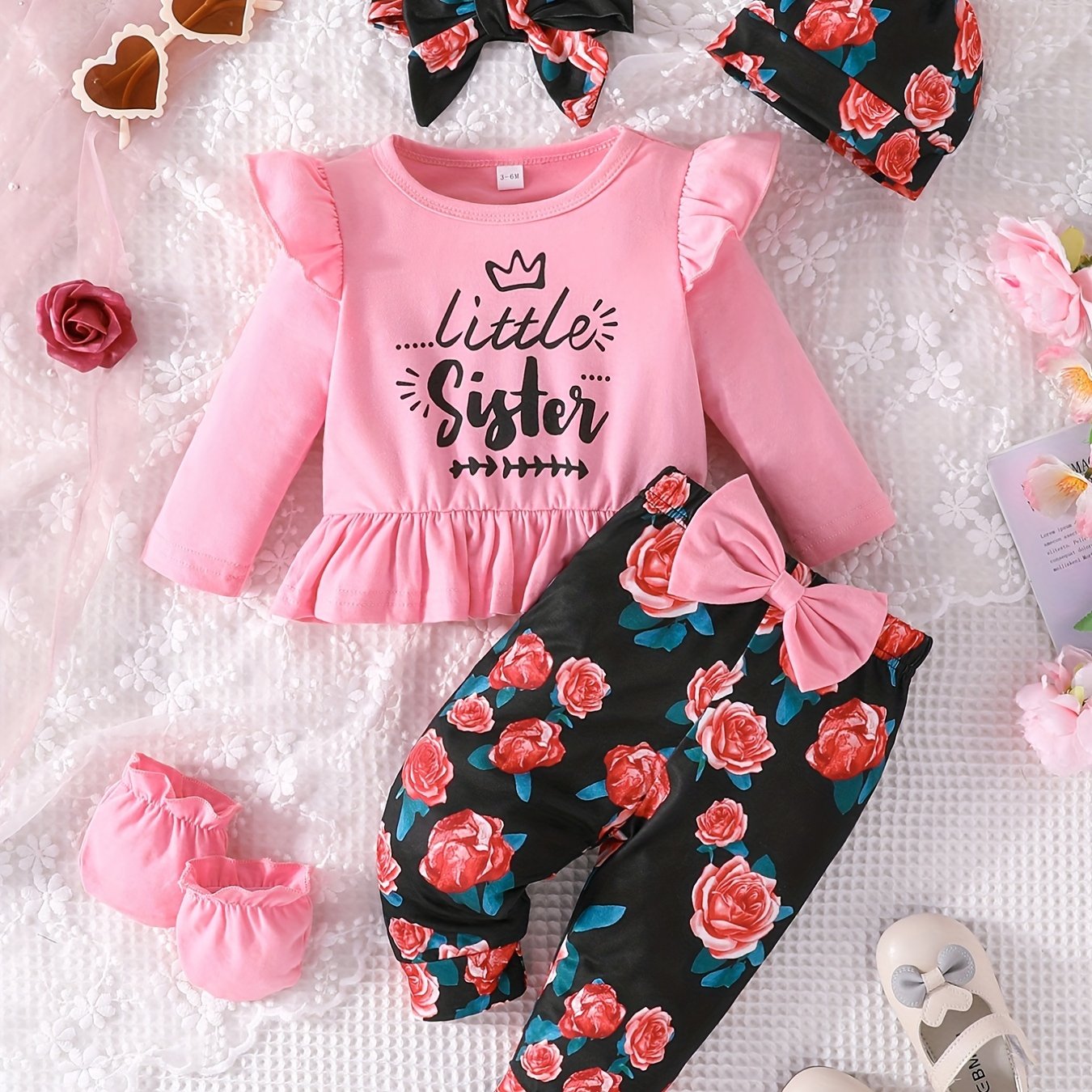 Baby Girls Letters Long Sleeve Top and Floral Pants Set
