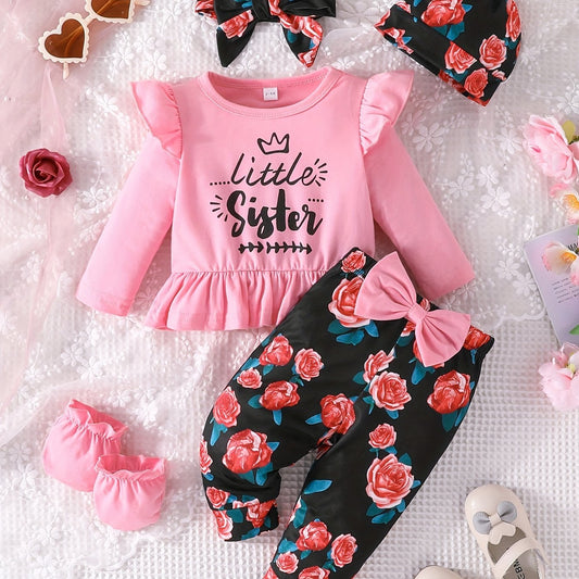 Baby Girls Letters Long Sleeve Top and Floral Pants Set