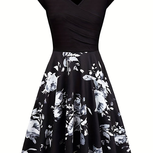 Floral V-Neck Short Sleeve Dress for Women