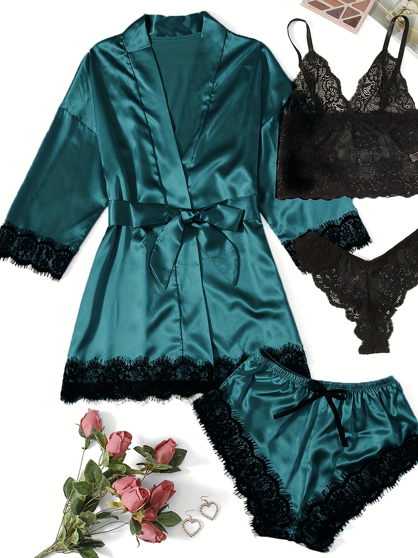 Lace Lounge Set Robe & Cami & Panties & Shorts