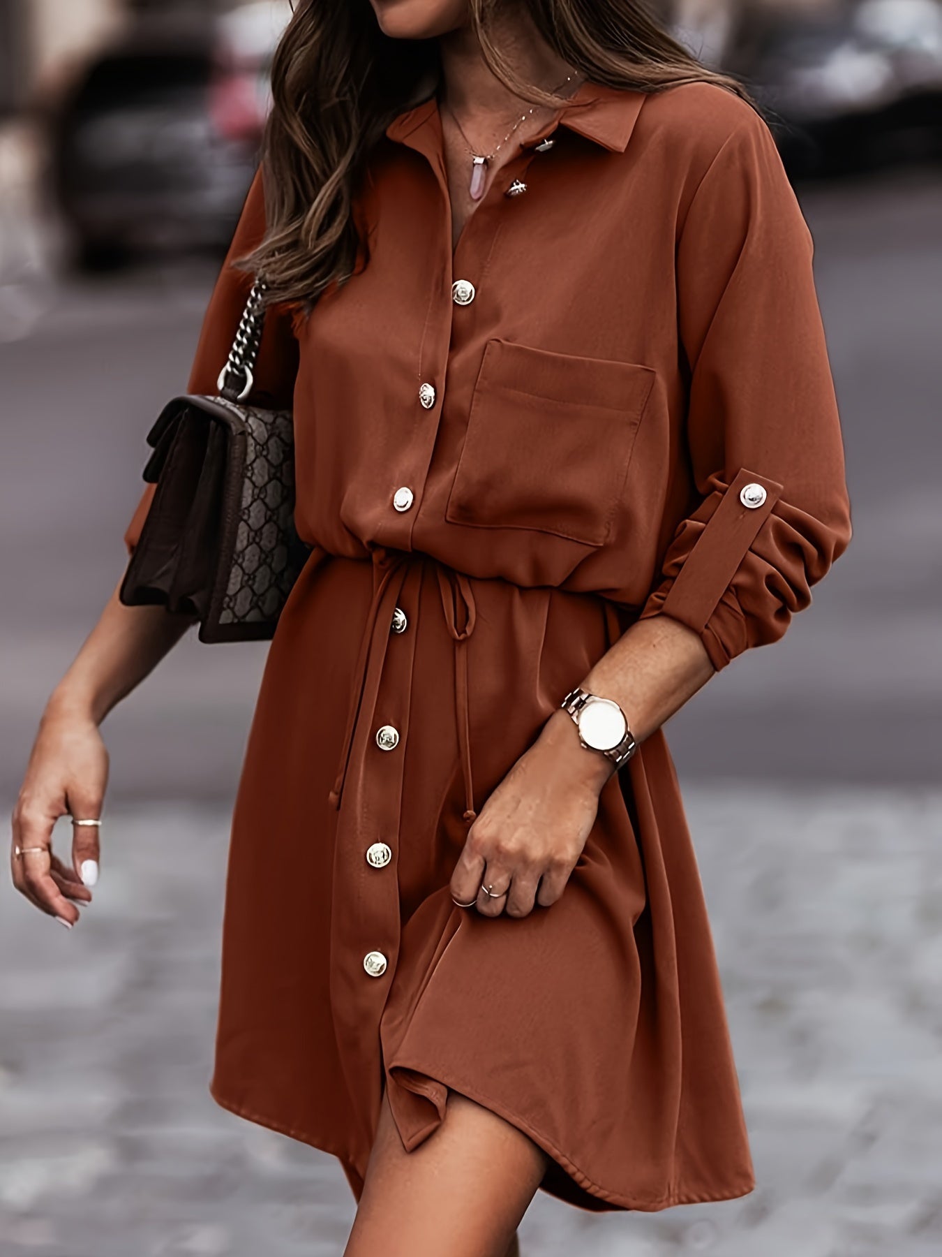  Solid Button Up Long Sleeve Drawstring Shirt Dress