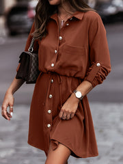  Solid Button Up Long Sleeve Drawstring Shirt Dress
