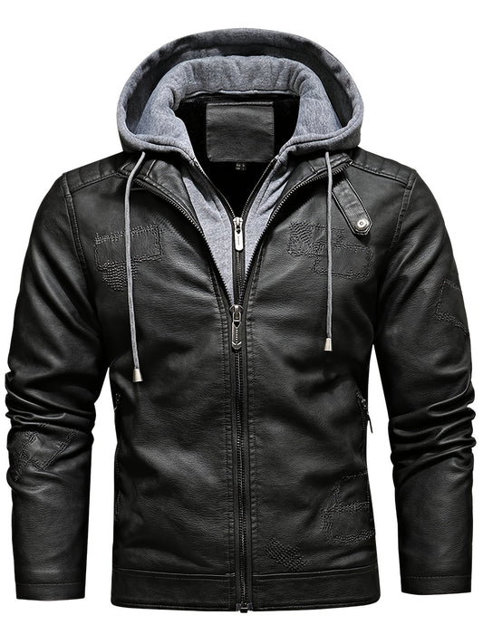 Men's Removable Hooded PU Leather Jacket Slim Fit Zipper Fleece Jacket