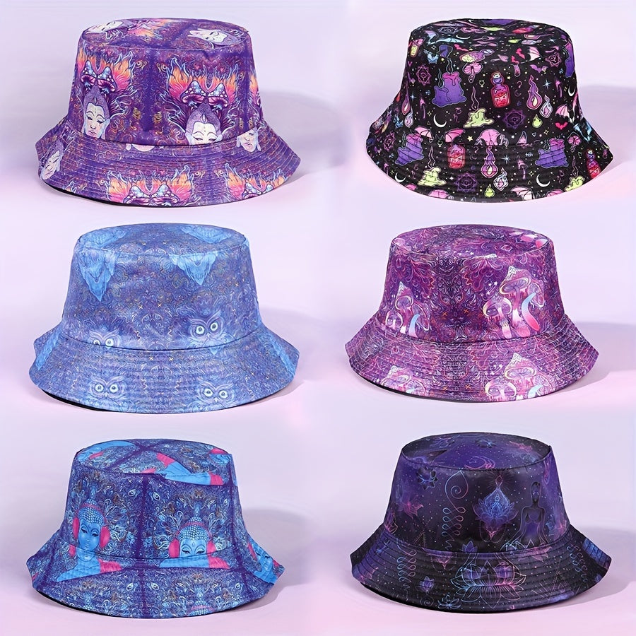 Purple Bucket Hat Buddha Lotus Mushroom Owl Print Basin Hat Halloween Anime Fish
