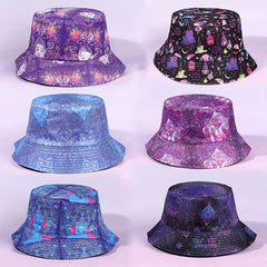 Purple Bucket Hat Buddha Lotus Mushroom Owl Print Basin Hat Halloween Anime Fish
