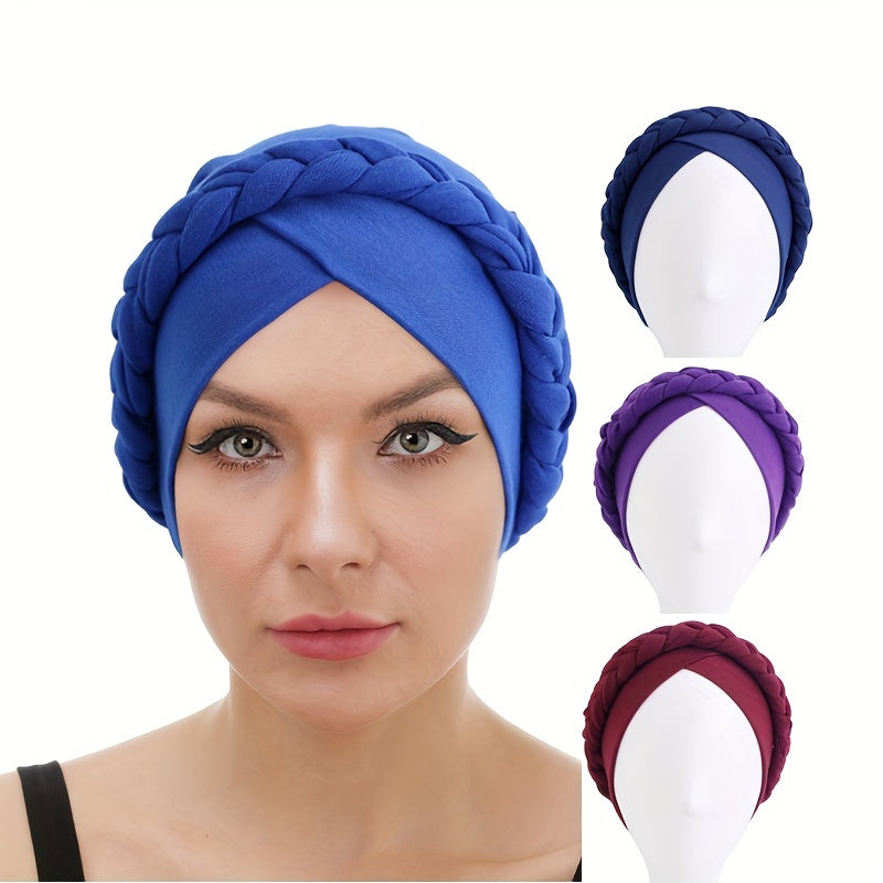 Classic Braid Cross Turban Hat Solid Head Wrap Stretchy Hijab Beanie Cap