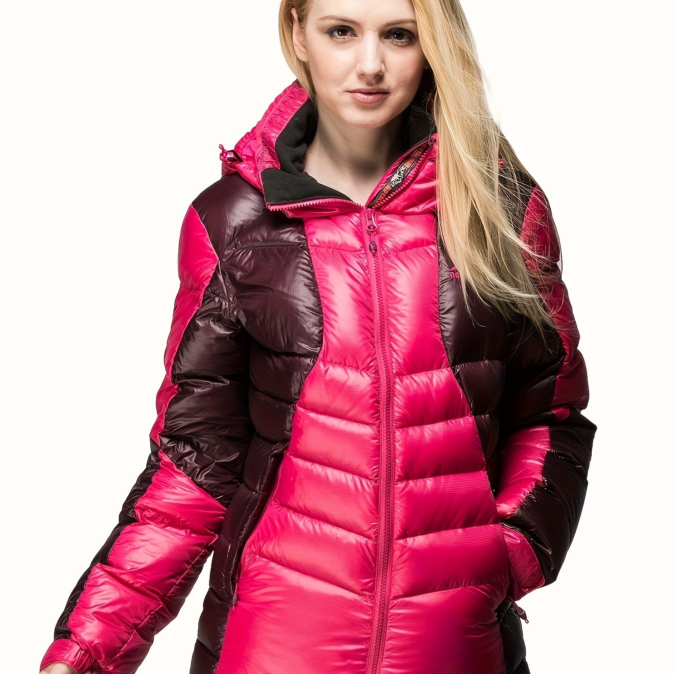 Women Long Down Jacket Two Tone Winter Puffy Coat Hoodie