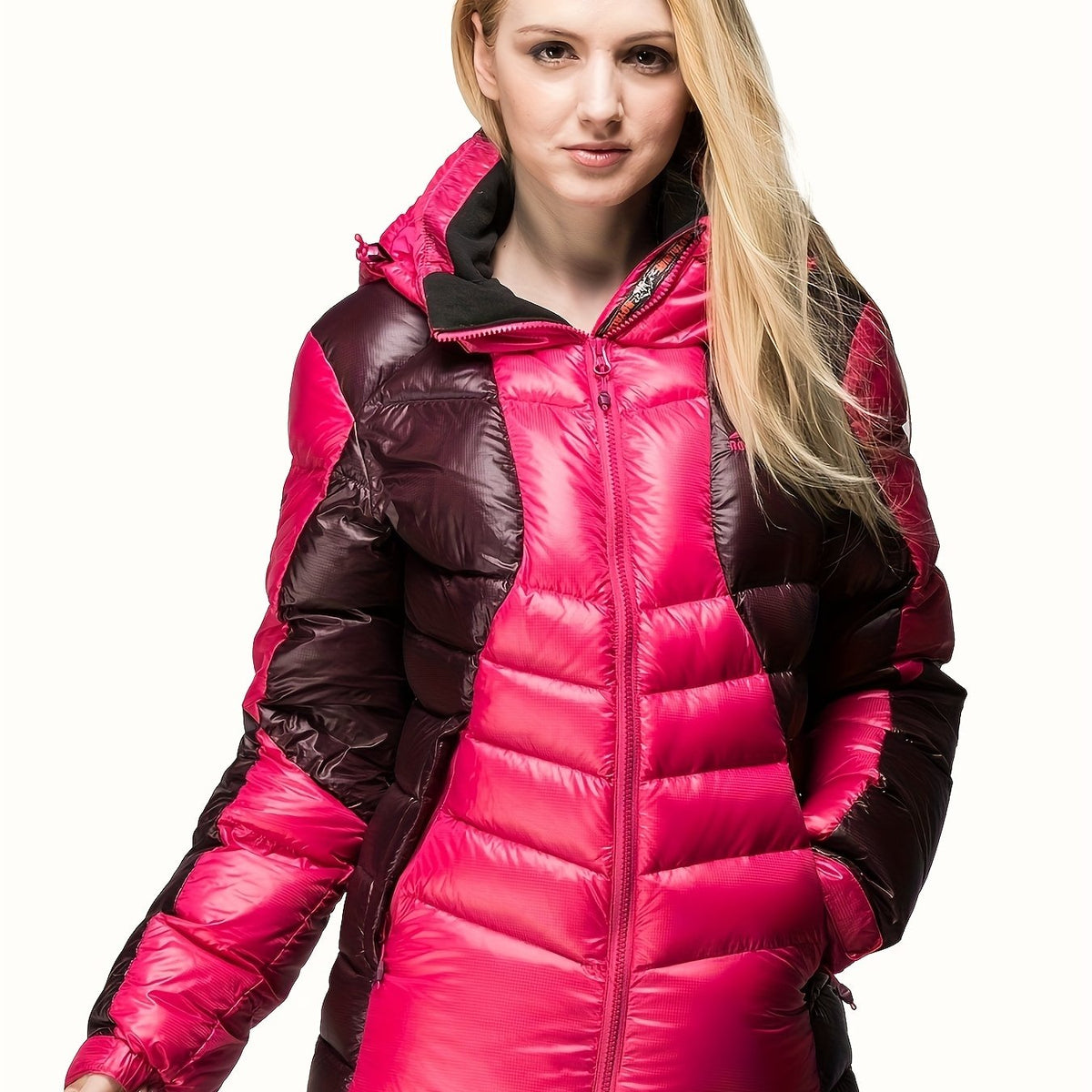 Women Long Down Jacket Two Tone Winter Puffy Coat Hoodie