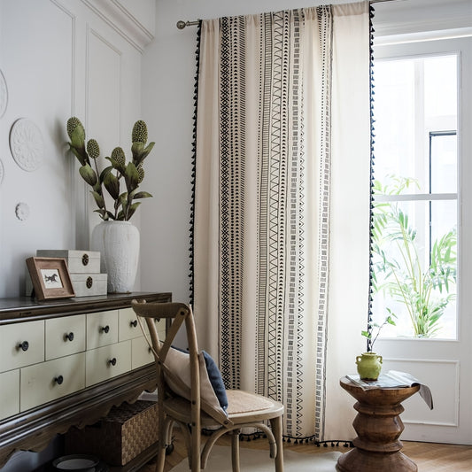Geometric Print Semi Shading Curtains with Tassel Rod