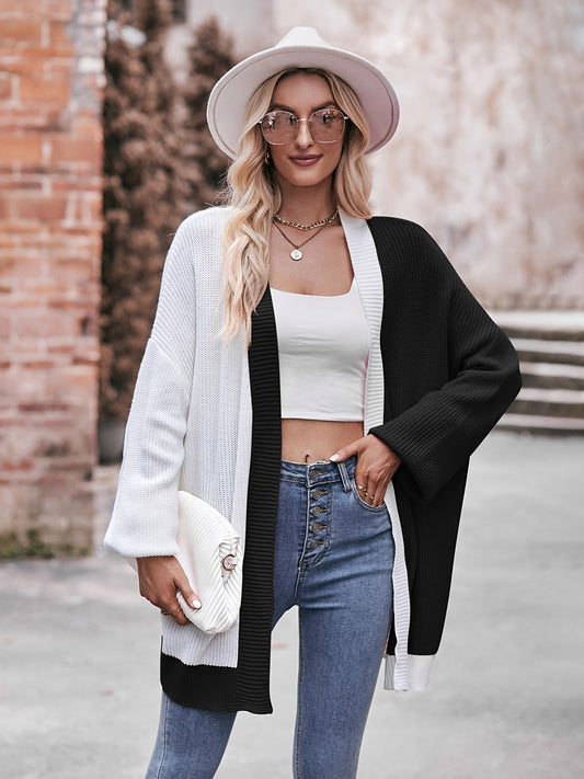  Colorblock Long Sleeve Open Front Cardigan