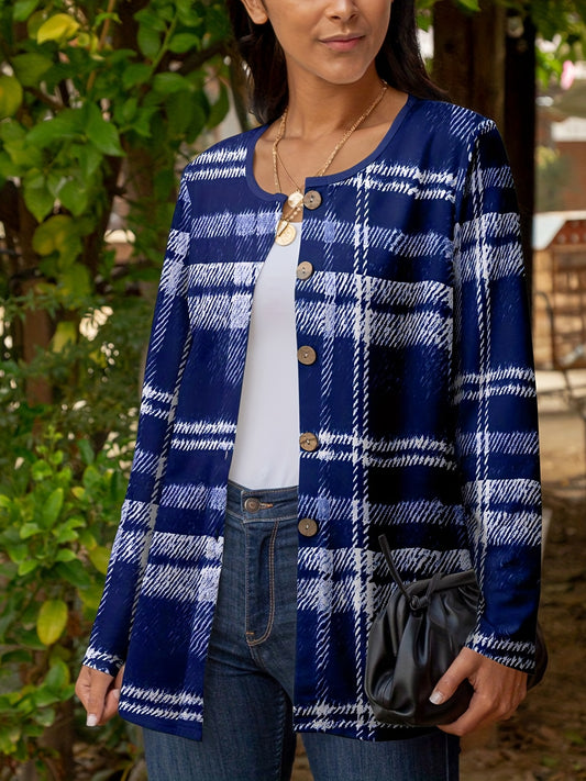  Gingham Print Long Sleeve Button Up Round Neck Cardigan