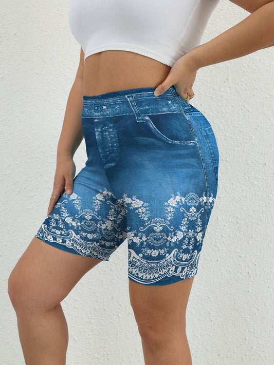 Denim Print High Waist Leggings Casual Leggings for Spring & Summer