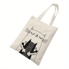Cat Printed Canvas Handbag One Shoulder Men's Beach Bag Shopping Bag