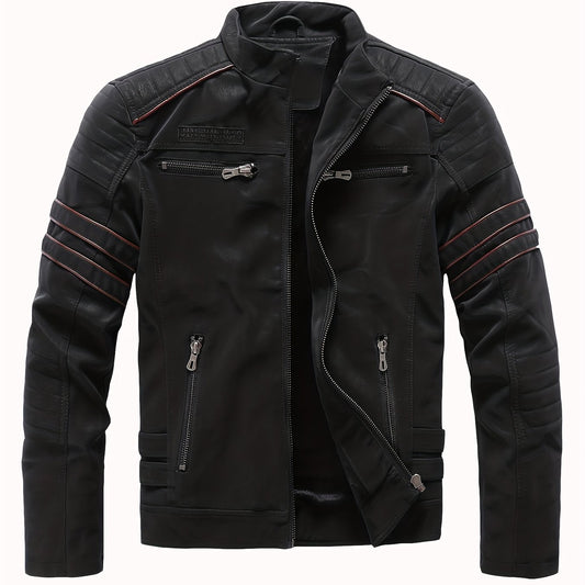 Men's Fleece Biker Jacket PU Leather Zip Up Stand Collar