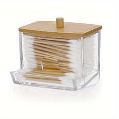 Acrylic Q Tip Dispenser with Bamboo Lid for Bathroom