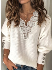  Lace Button Decor V Neck Pullover Jumper
