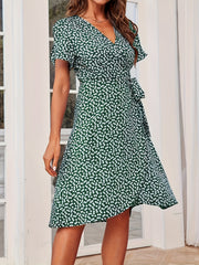 Floral Print Vacation Dress V Neck Short Sleeve Knot Summer Dress
