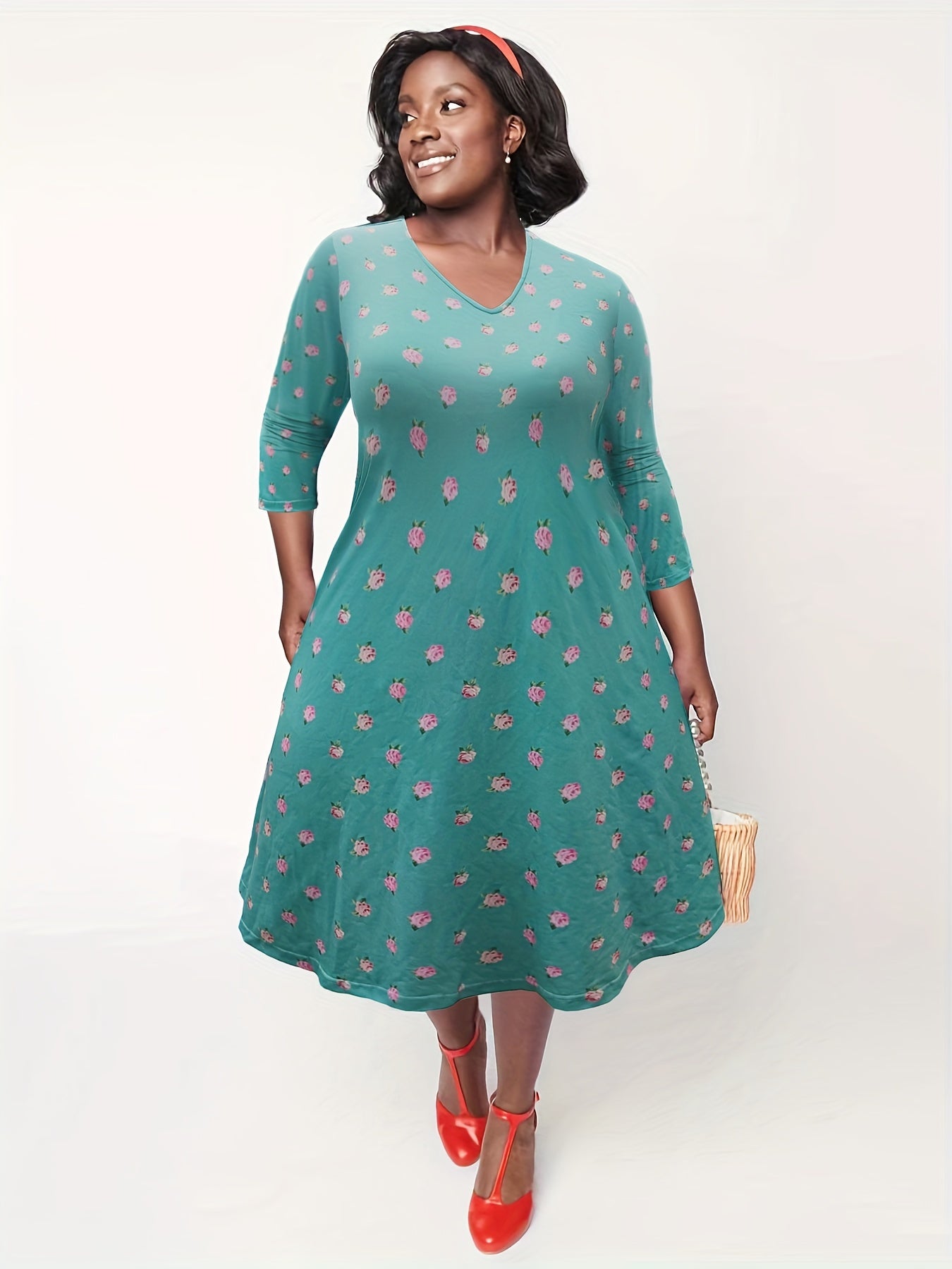  Floral Print V Neck A-line Maxi Dress