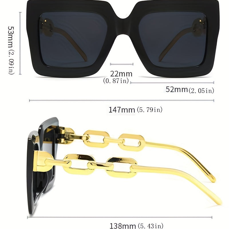 Oversized Square Frame Sunglasses Block Glasses Chain Temple Eyewear