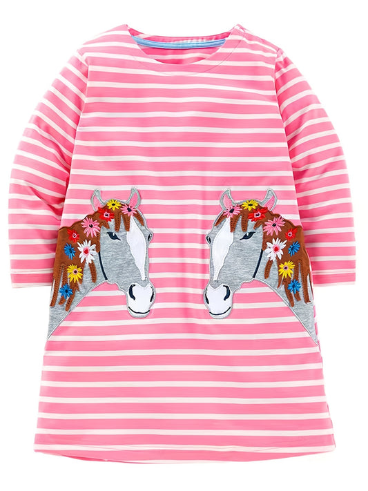Girls Striped Long Sleeve Dress with Horse Embroidery