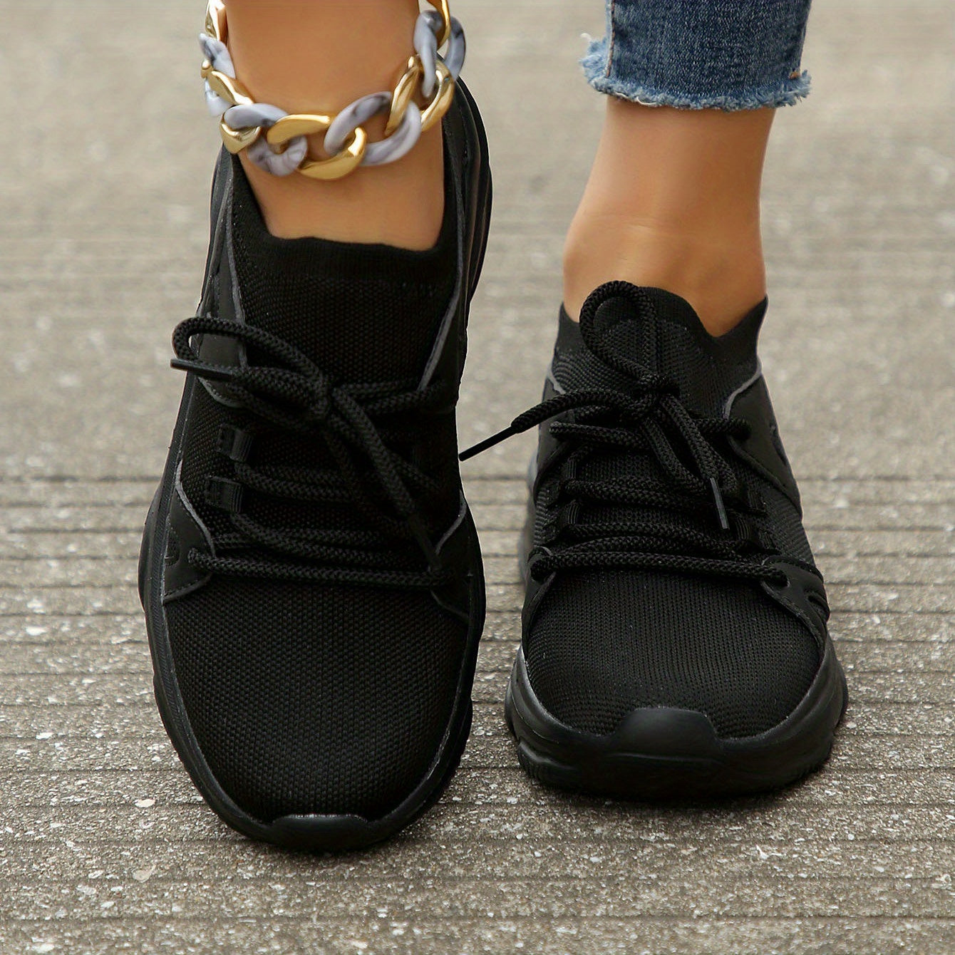 Women's Chunky Sneakers Breathable Knit Lace Up Comfy Walking Shoes