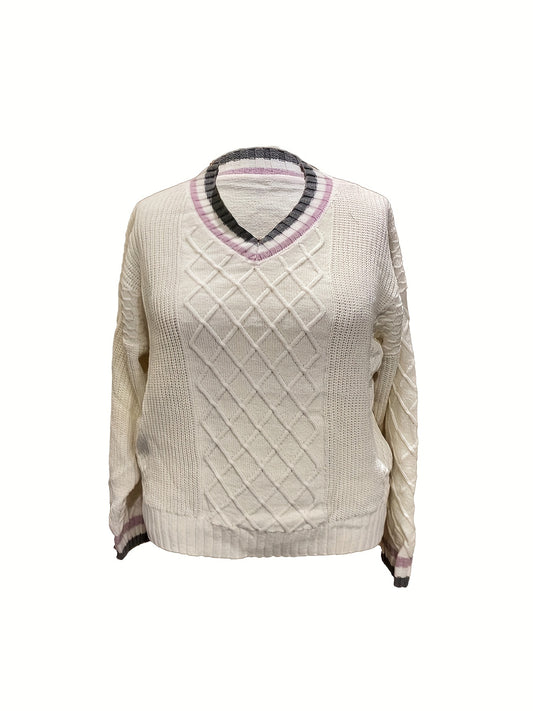  Colorblock Jacquard Long Sleeve V Neck Sweater