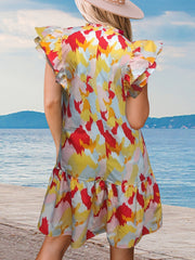  Allover Print Ruffle Sleeve Dress