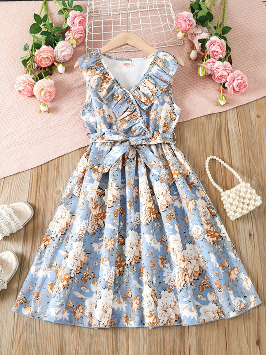 Toddler Girls Sleeveless Ruffle Trim Flowers Graphic Princess Dress
