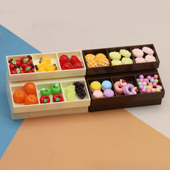 2 Tier Dollhouse Fruit Snack Shelf Dark Brown Plastic Model with Colorful Fruits