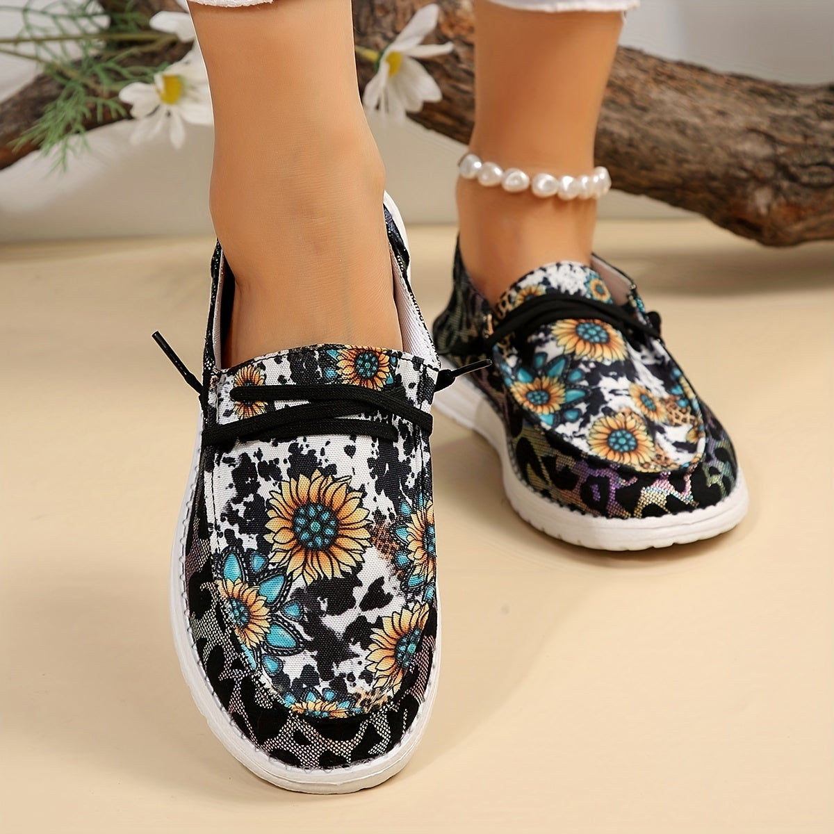 Women's Cow & Leopard Printed Lace Up Flat Canvas Shoes