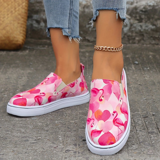 Flamingo Print Pink Flat Skate Shoes Soft Sole Slip On Sneakers